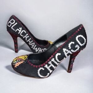 Chicago Blackhawks Bejeweled Black Fabric High Heel Shoes Size 7.5